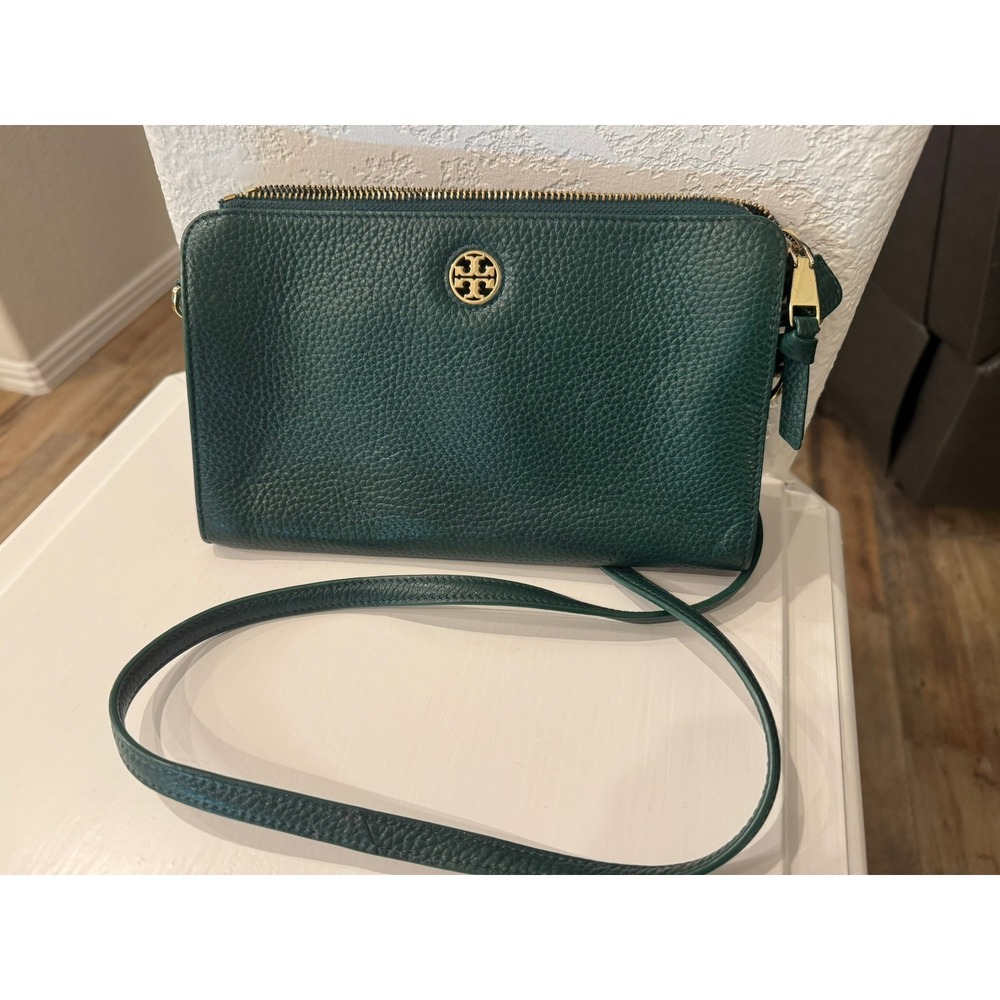 Tory Burch Forest Green Pebbled Leather Crossbody Bag Gold Hardware Logo